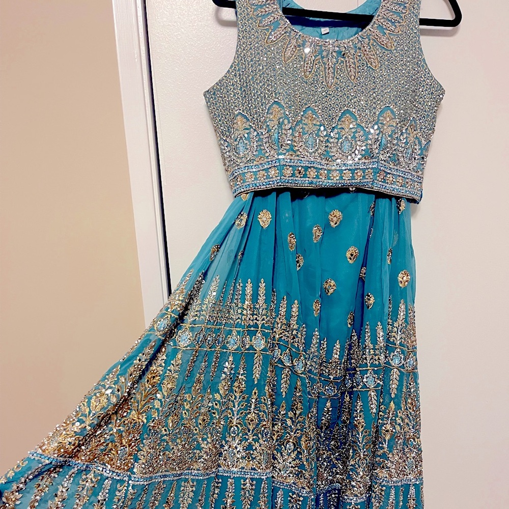 Teal Blue Heavy Lehenga, gold threading with stone and mirror accents